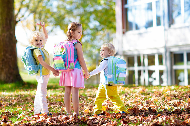 Three preschool students standing outside on a sunny fall day wearing backpacks.